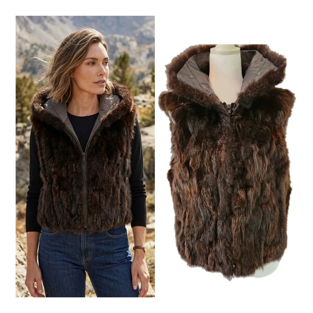 Vintage Fur Vest Women's New Zealand Opossum Leather Trim Sleeveless Full Zip